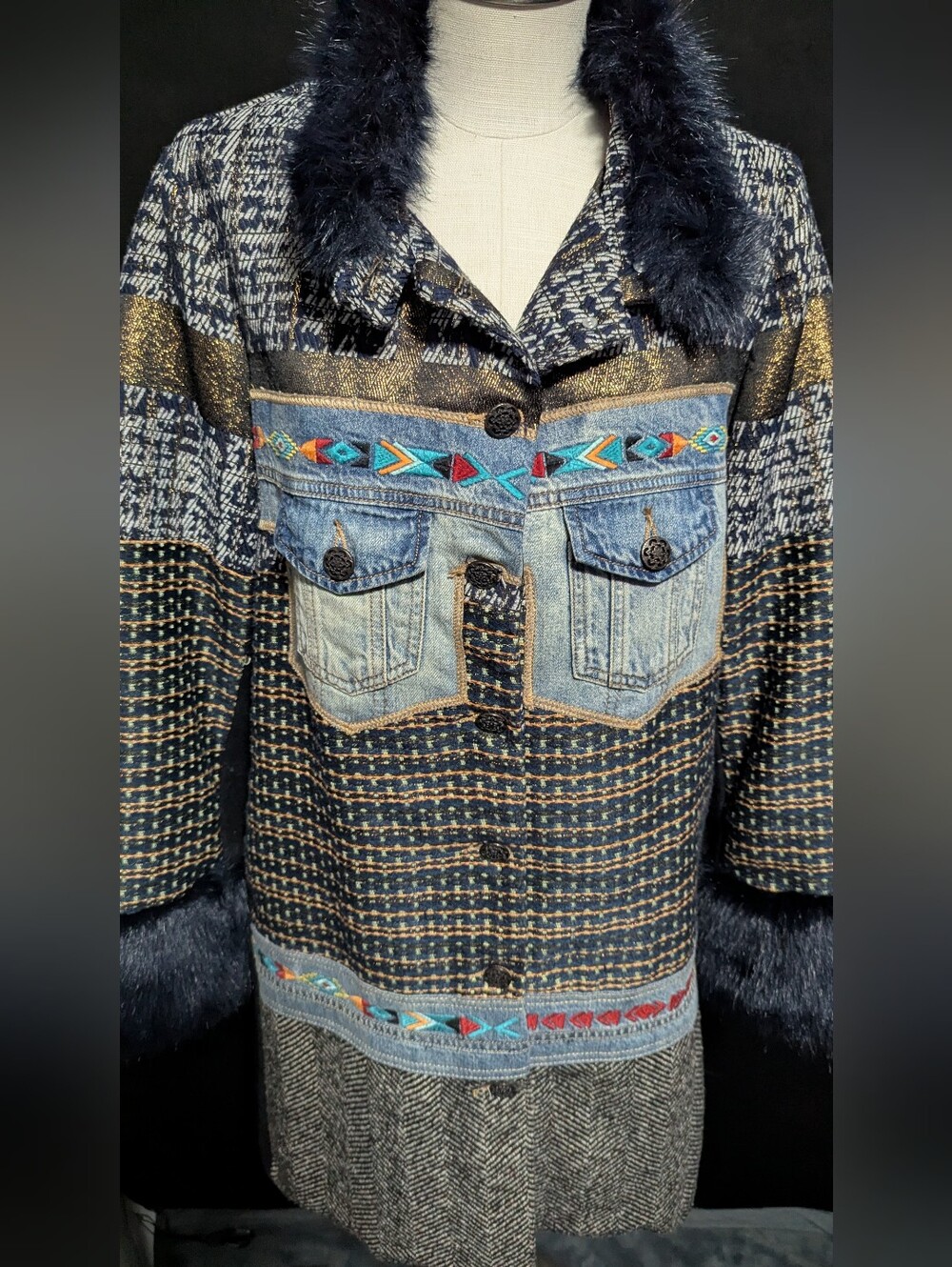 Desigual Icon Mixed-Media Faux Fur Trimmed Coat in Navy and Denim Accents